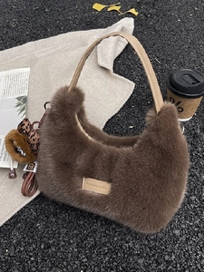 Women Minimalist Autumn Winter Plush Shoulder Bag Soft Faux Fur Dumpling Handbag With Cute Bear Charm For Daily Casual