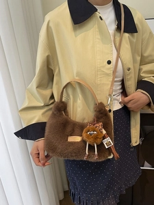 Furry brown hobo bag for women with cute doll pendant and detachable long shoulder strap