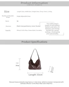 Dimensions du sac hobo en cuir PU marron avec bandoulière réglable détaillée