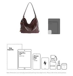 Diagramme détaillé du sac fourre-tout en cuir marron montrant la capacité pour iPad Pro