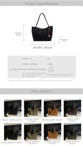 Detailed size specifications for large vintage PU leather tote bag with pompom charm