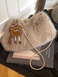 Women Artificial Fur Shoulder Bag Large Capacity Autumn Winter Plush Underarm Bag Cute Cartoon Pendant Soft Crossbody Handbag