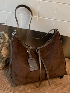 Large Capacity Vintage Hobo Crossbody Bag For Women Matte Suede PU Leather Contrast Trim Daily Casual Tote Shoulder Bag