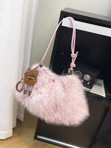 Pink faux fur hobo bag with cute brown character charm for women autumn winter fashion