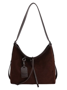 Retro dark brown suede tote bag with large capacity and smooth leather trim details