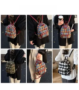 Detailed outdoor lifestyle shots of women plaid tweed backpacks in multiple colors