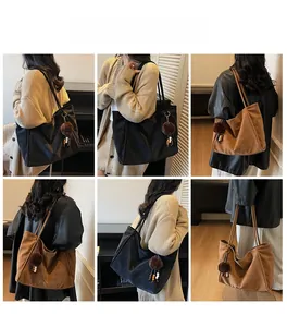 Detail shots of large suede tote bags in black and brown with decorative tassels