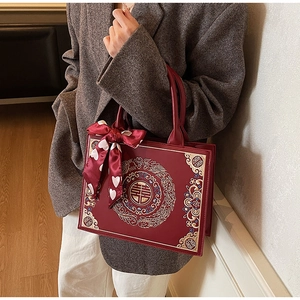 Detail of red bridal handbag with dragon embroidery and double happiness character