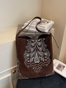 Vintage Wildleder Stickerei Tragetasche Große Kapazität Ethnisch Bohemian Schulter Umhängetasche Für Damen Retro Pendler Handtasche
