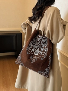 Vintage dunkelbraune Shopper-Tasche aus Wildlederimitat mit weißer Boho-Stickerei für Damen