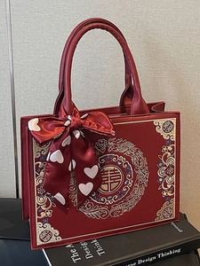 New Chinese Style Red Wedding Handbag PU Leather Dragon Phoenix Embroidered Tote Bag With Silk Scarf For Women Shoulder Bag