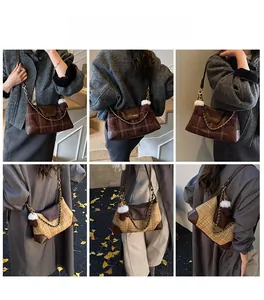 Detail shots of plaid shoulder bag with leather trim and decorative glove charm on model