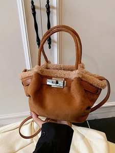 Vintage Suede Plush Trim Crossbody Bag For Women Luxury Metal Buckle Handbag Autumn Winter Tote Shoulder Bag Casual Fashion Satchel