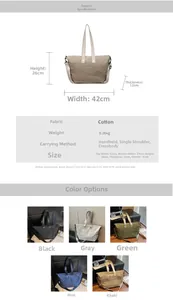 Detailed size chart and multi-color options for large capacity canvas tote bag