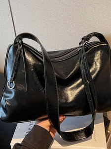 Vintage Shiny PU Leather Tote Bag For Women Large Capacity Shoulder Crossbody Bag For Daily Work Office Commute Zipper Handbag