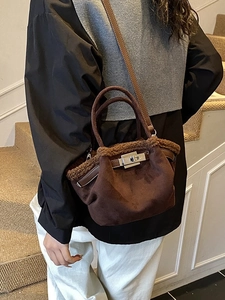 Winter dark brown suede tote bag with faux fur trim and silver metallic twist-lock closure