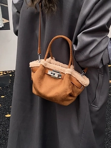Brown faux suede tote bag with plush faux fur trim and silver turn-lock for women
