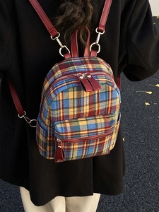 Multicolor plaid wool backpack with red leather straps and golden zippers for women