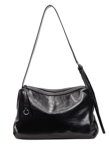 Classic black leather tote bag with silver hardware and adjustable strap on white background