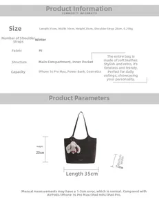 Detailed size guide of black PU leather tote bag with 35x10x25cm dimensions and strap length