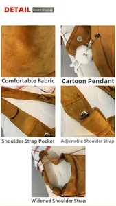 Détail du sac hobo en daim caramel avec bandoulière réglable et breloque monstre