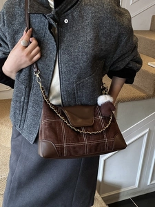 Fashionable brown plaid crossbody bag with suede finish and gold chain for women