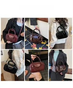 Collage of retro wax leather bowling bags shown on models in red, black and coffee