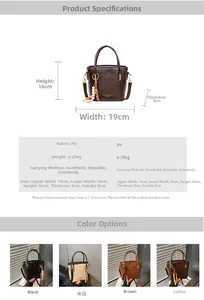 Tabella taglie dettagliata per borsa a secchiello vintage con altezza 16cm e larghezza 19cm