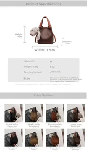 Detailed size specifications and color options for the compact PU leather bucket handbag