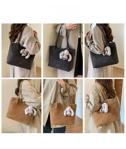 Collage of chic large tote bags in coffee and camel suede with cute plush rabbit charm