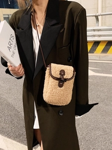 Mini lamb wool crossbody bag for women with leather trim and retro horn toggle button