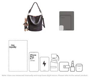 Detailed capacity view of dark brown bucket bag showing daily essentials and iPad size