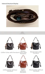 Detailed view of bucket bag interior compartments and six color options with charms