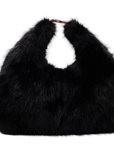 Fashionable black faux fur tote bag with plush texture and metallic buckle closure