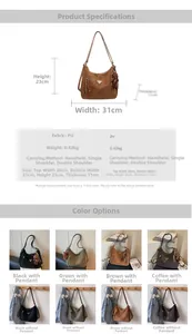 Detailed size guide and multi-color options for vintage matte PU leather hobo bag