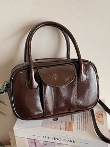 Vintage Glossy PU Leather Bowling Shoulder Bag For Women High Sense Top Handle Handbag Small Crossbody Purse Daily Bag