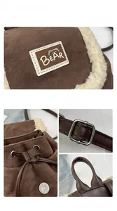 Detail view of mini plush backpack with bear patch, drawstring closure and metal buckles