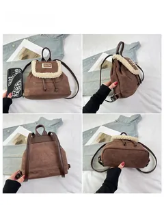 Detailed four-way view of a mini brown suede backpack with white plush faux fur trim