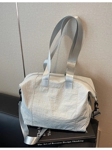 Large capacity grey nylon tote bag with pleated texture and adjustable strap for women