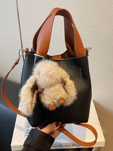 Vintage Women PU Leather Bucket Bag Contrast Color Handbag With Plush Rabbit Charm Pouch Crossbody Shoulder Bag Daily Use