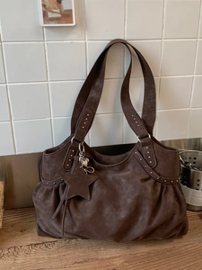 Women Vintage Faux Suede Large Capacity Tote Bag Rivet Pleated Fashion Shoulder Bag For Autumn Winter Commuting