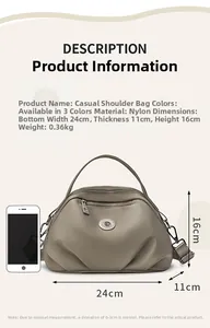 Gray nylon crossbody bag size comparison with a smartphone and product specifications