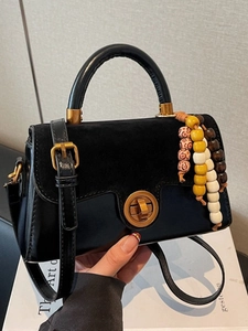 Women Vintage Spliced PU Leather Crossbody Bag Fashion Small Square Handbag With Wood Beaded Pendant Shoulder Bag