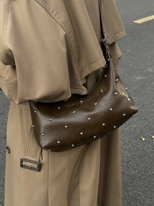 Retro dark brown leather crescent shoulder bag with silver rivet studs for women