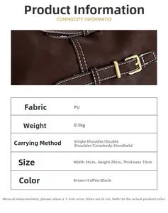 Détails du sac en cuir PU marron montrant la boucle en métal et les surpiqûres blanches