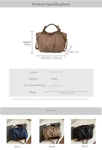Detailed size chart and dimensions for the large canvas tote bag showing strap and weight