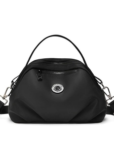 Minimalist black nylon crossbody handbag with silver hardware and pleated base for women