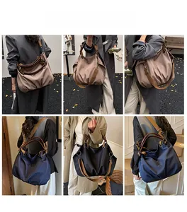 Detailed views of khaki and navy pleated canvas tote bag in various carrying styles