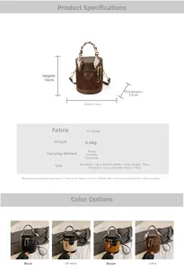 Size guide for cylindrical crossbody bag showing dimensions 16x14x12cm and PU material details