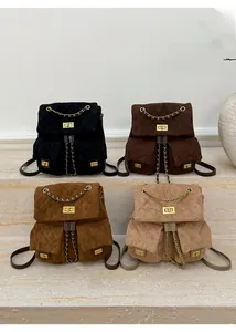 Quilted faux suede backpacks in black, brown, tan and beige with elegant chain straps